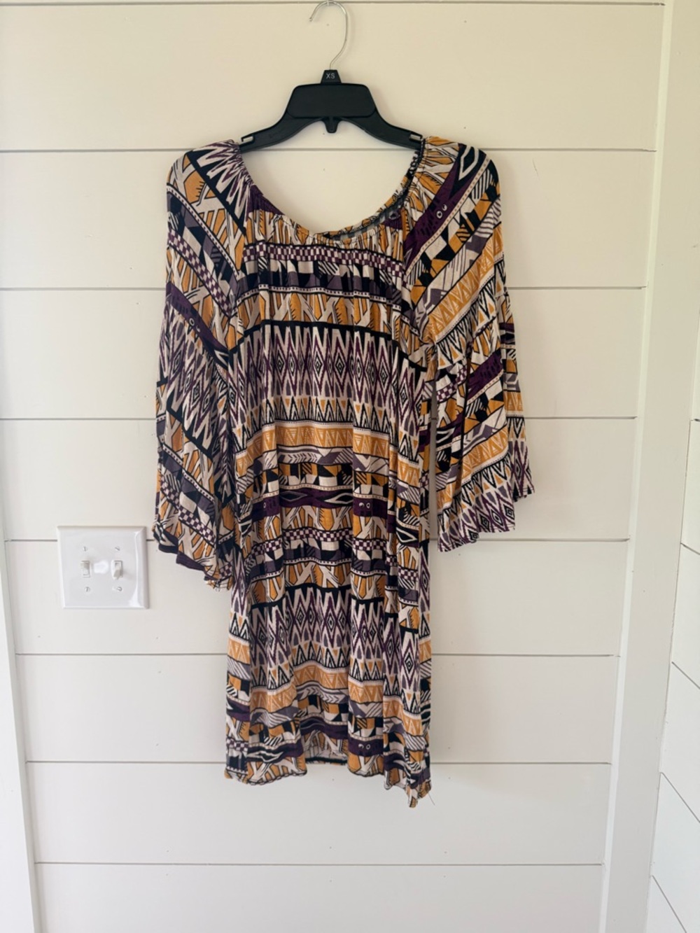 Boho Long Sleeve Printed Tunic Dress in Mustard and Plum
